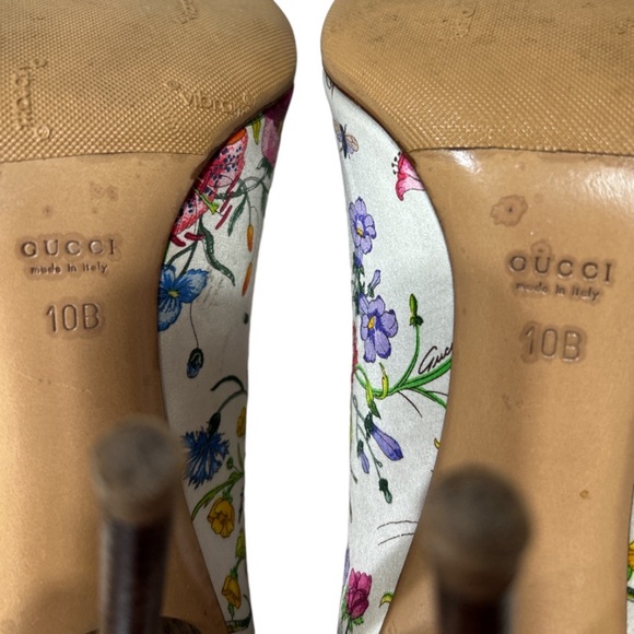 Gucci Satin Horsebit Pumps US 10 White Floral Peep Toe High Heels Buckles - Picture 6 of 12